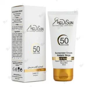 کرم ضدآفتاب مدیسان SPF50 بژ طبیعی مناسب پوست خشک و معمولی حجم 50 میلی لیتر