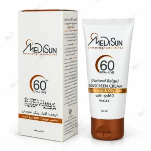 کرم ضدآفتاب رنگی مدیسان SPF 60 مناسب پوست معمولی و چرب بژ طبیعی حجم ۵۰ میلی‌لیتر